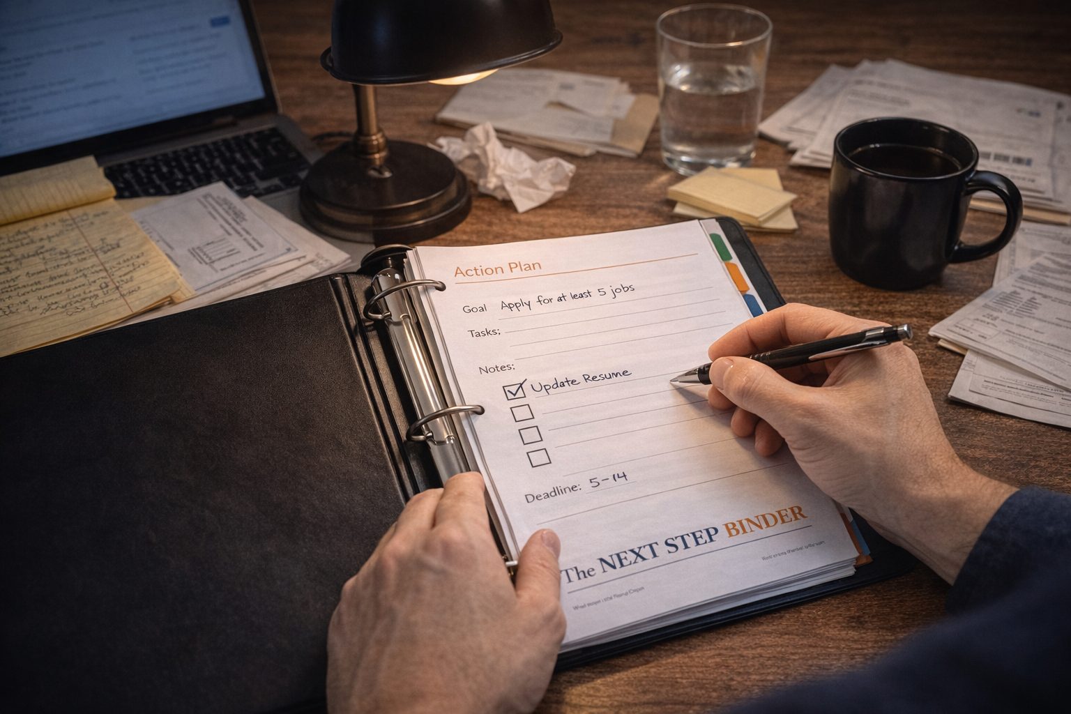 Filling in the Action Plan page — Goal: Apply for at least 5 jobs. Writing in tasks and a deadline.