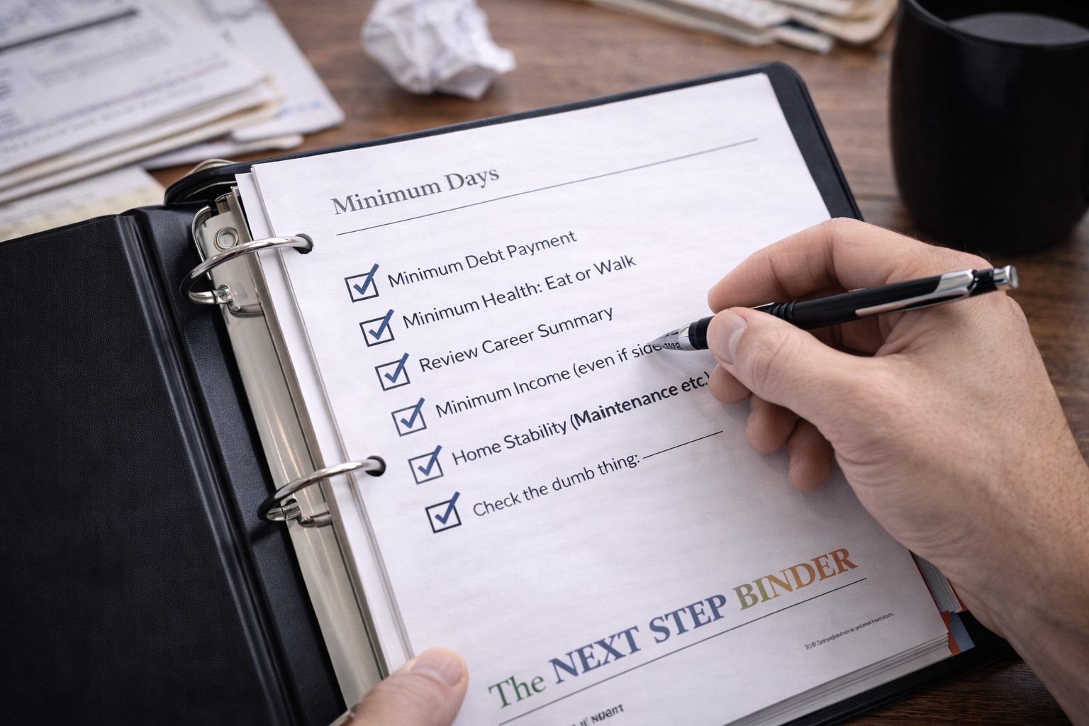 Checking off the Minimum Days list in the Next Step Binder — Minimum Debt Payment, Health, Income, Home Stability.