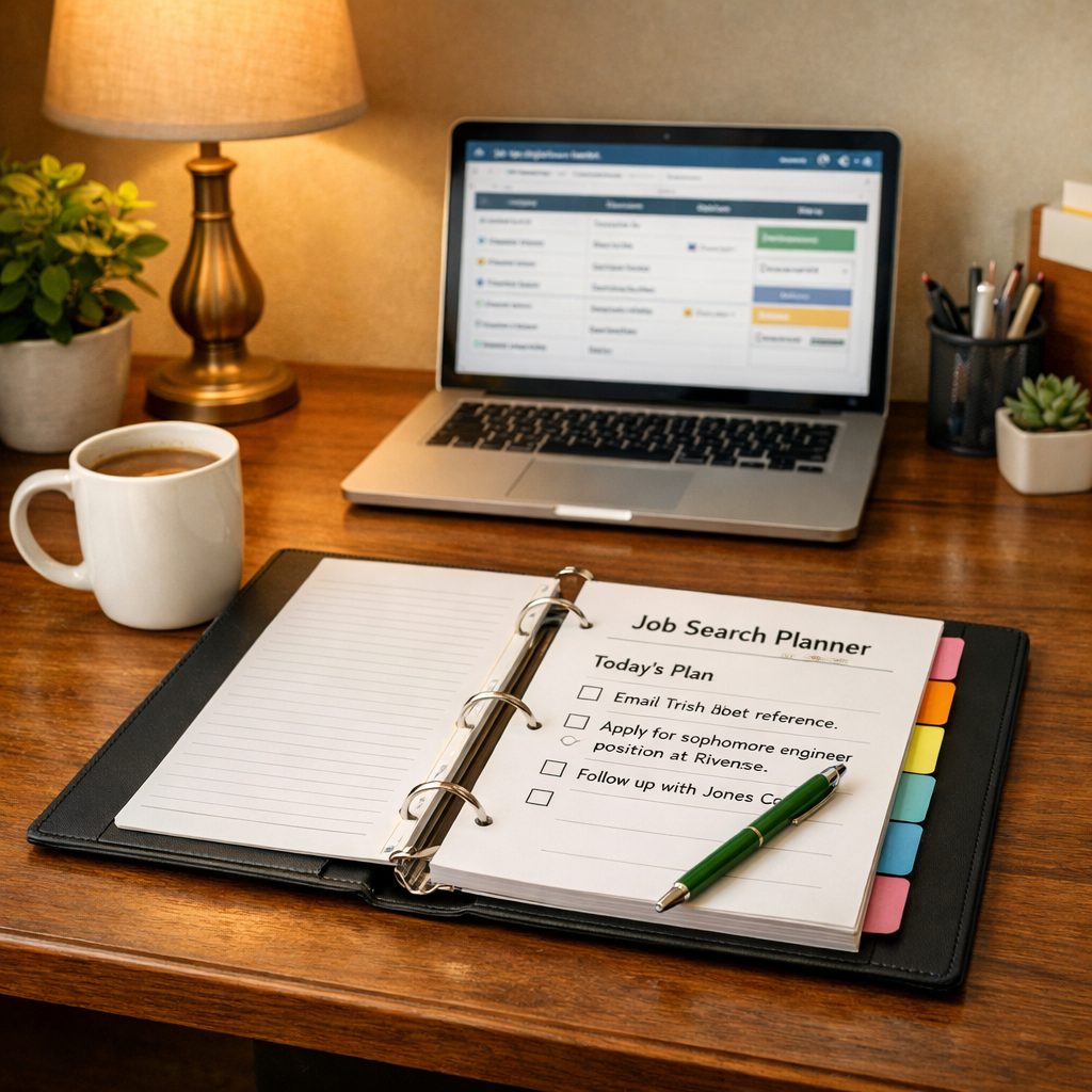 Job Search Planner in the Master Job Search System — Today's Plan with tasks and checkboxes, open on a tidy desk with a laptop.