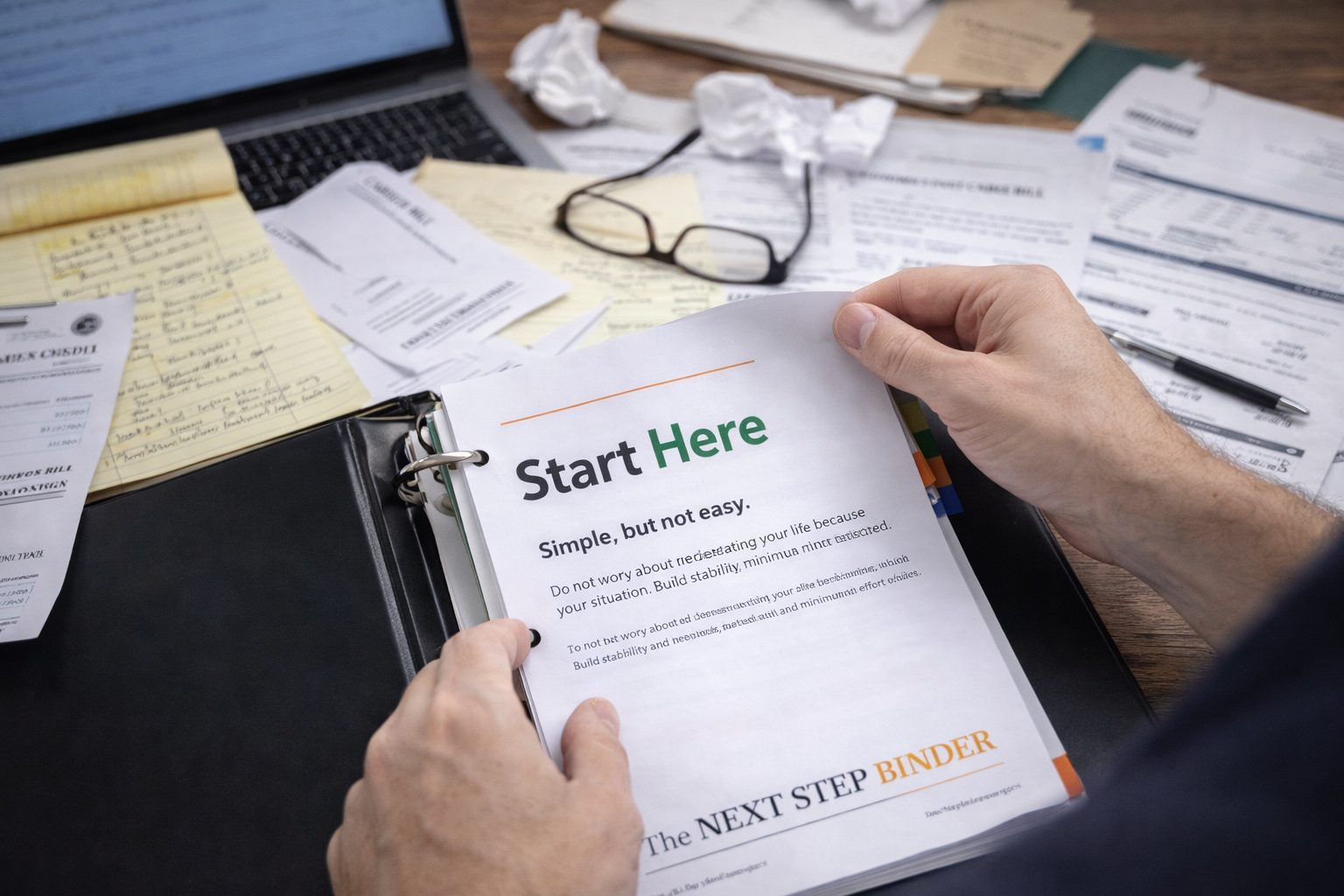 Opening the Next Step Binder to the Start Here page — Simple, but not easy.